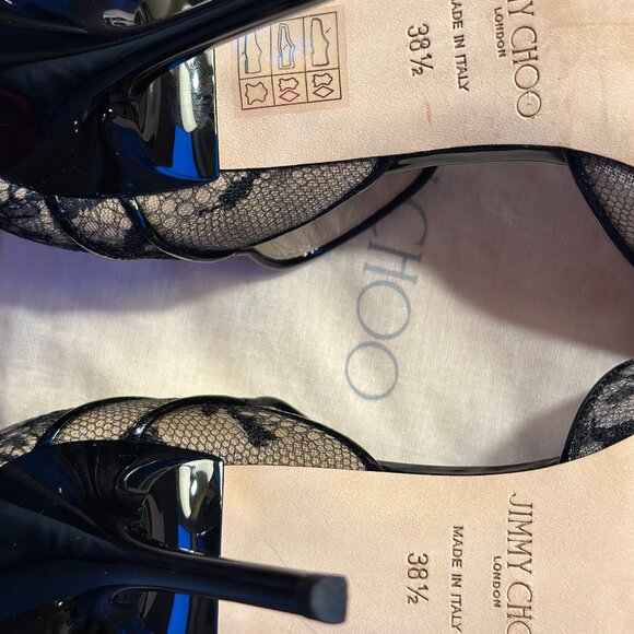 Jimmy Choo Patent Black Lace Articolo Peep-toe Size 38.5 (Women's 8) - Picture 8 of 8